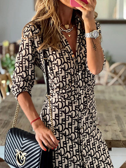 Geometric Printed Long Sleeves Buttoned Maxi Dress