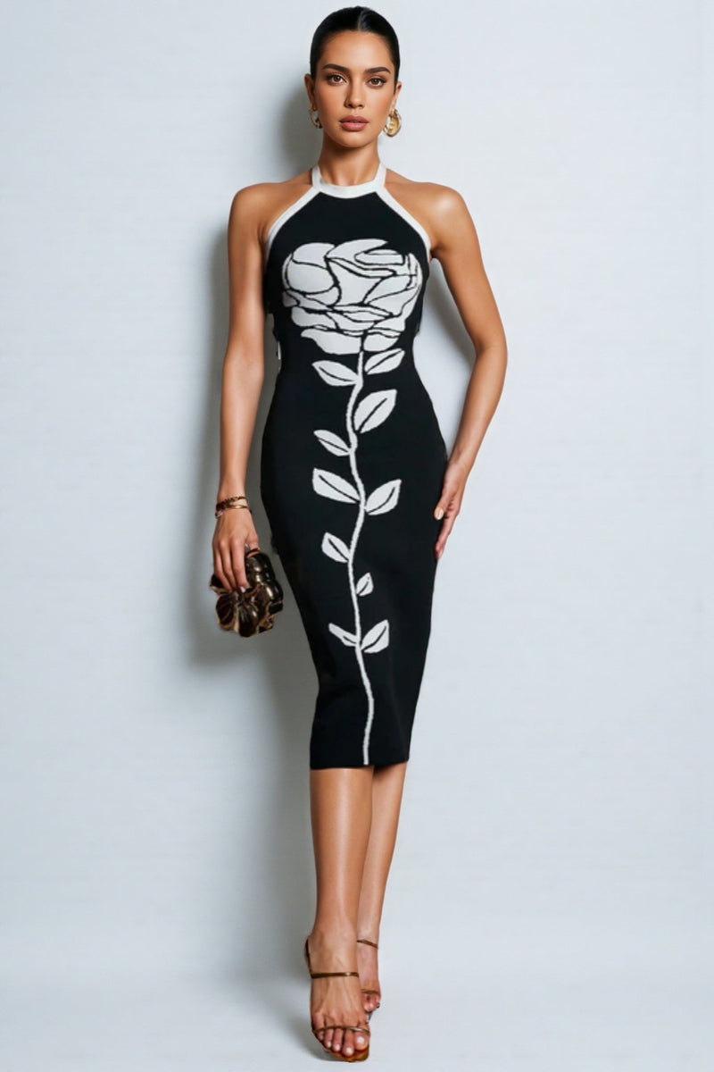 Jeston Halterneck Flower Bandage Midi Dress