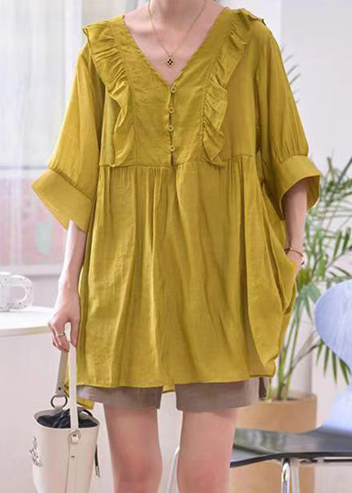 Ginger Wrinkled Cotton Blouse V Neck Half Sleeve Mn069