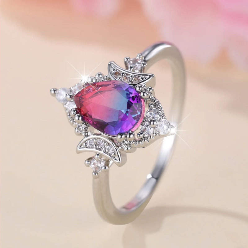 Mystic Triple Moon Goddess Cz Tourmaline Ring