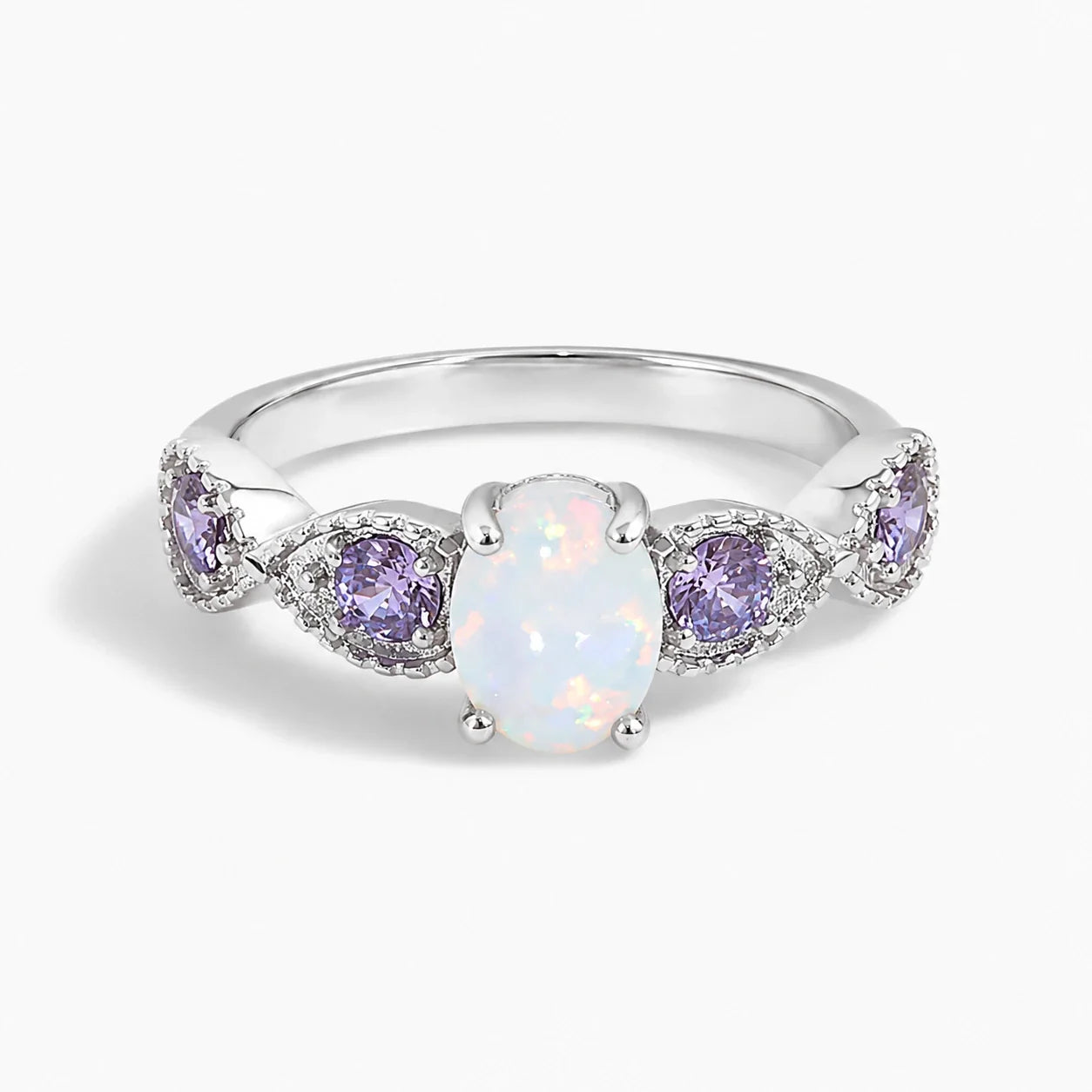 Goddess of Light White Fire Opal Amethyst Ring