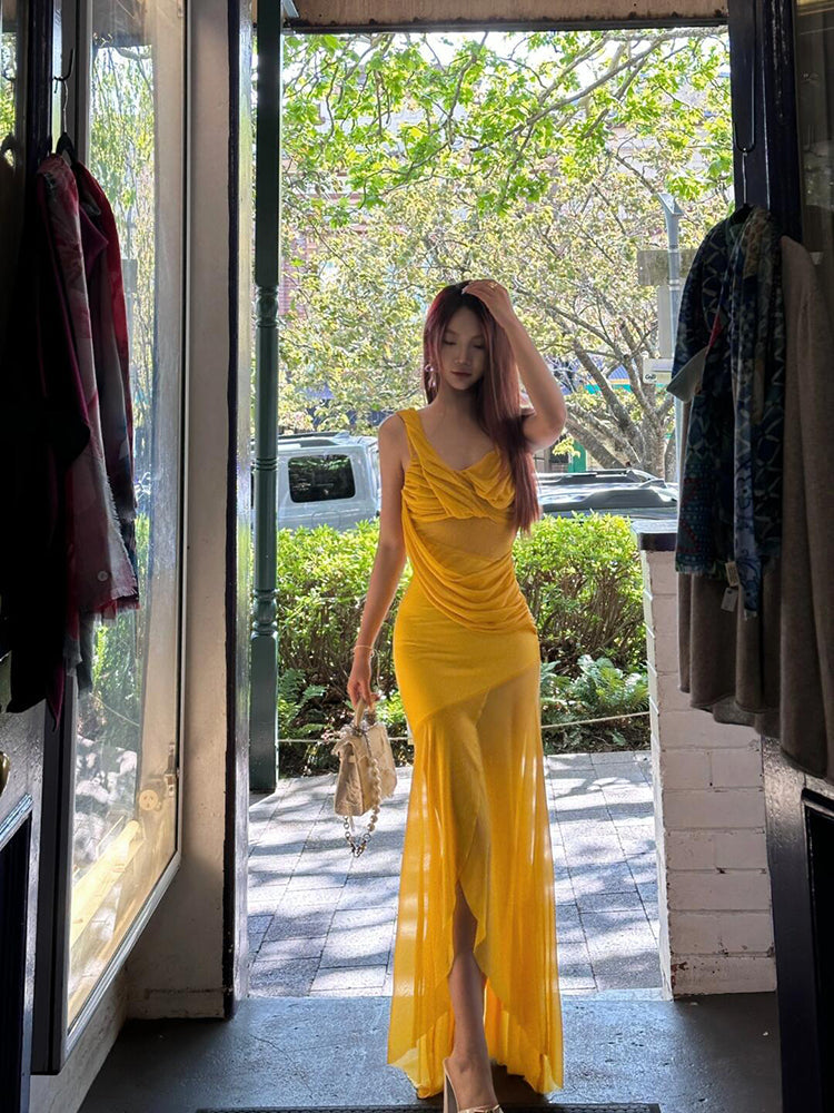Golden Mesh Ruffle V-neck Maxi Dress Flowing & Photogenic Beach Gown