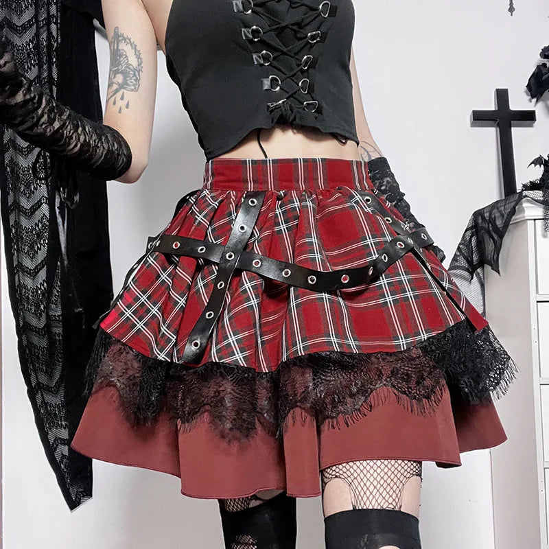 Gothic Harajuku Plaid Pleated Sweet Lace Kawaii Y2k Costume Skirt