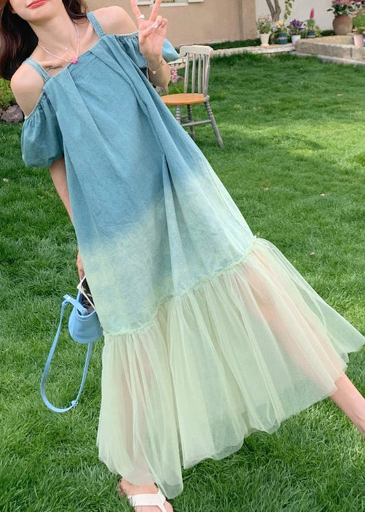 Gradient Color Blue Tulle Patchwork Spaghetti Strap Long Dress Short Sleeve Uu1025