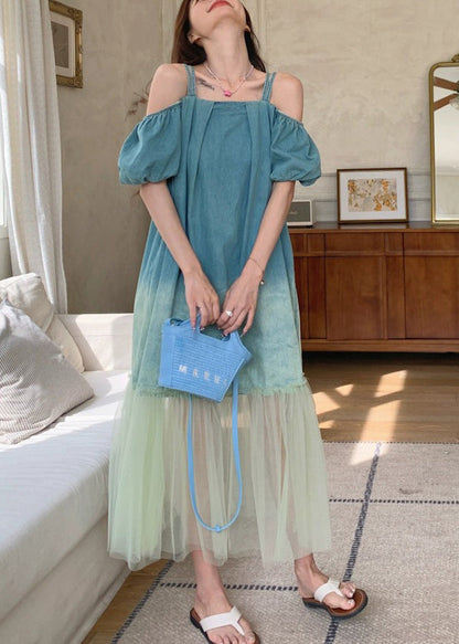 Gradient Color Blue Tulle Patchwork Spaghetti Strap Long Dress Short Sleeve Uu1025