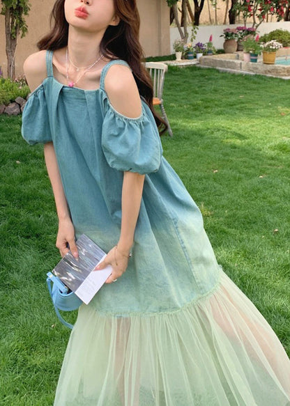 Gradient Color Blue Tulle Patchwork Spaghetti Strap Long Dress Short Sleeve Uu1025