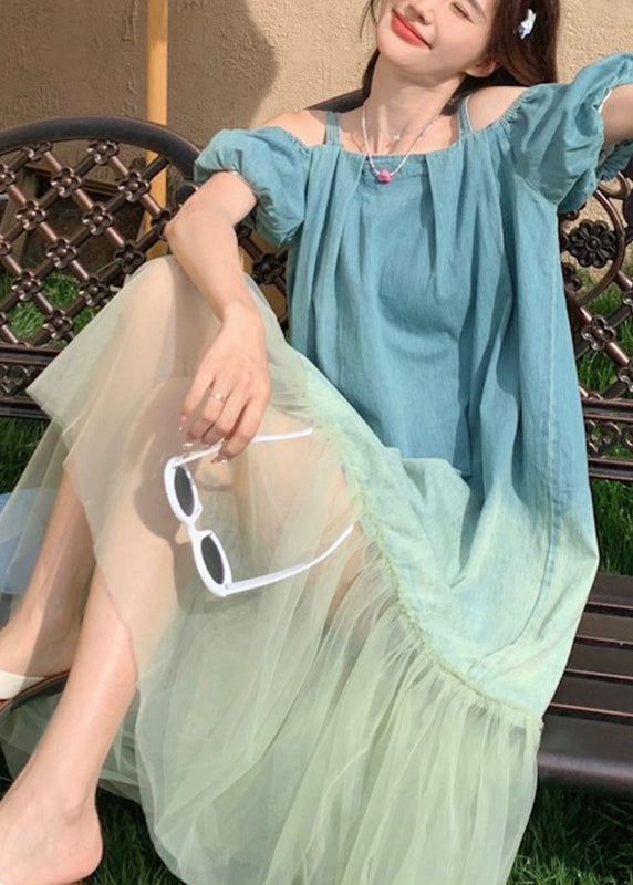Gradient Color Blue Tulle Patchwork Spaghetti Strap Long Dress Short Sleeve Uu1025