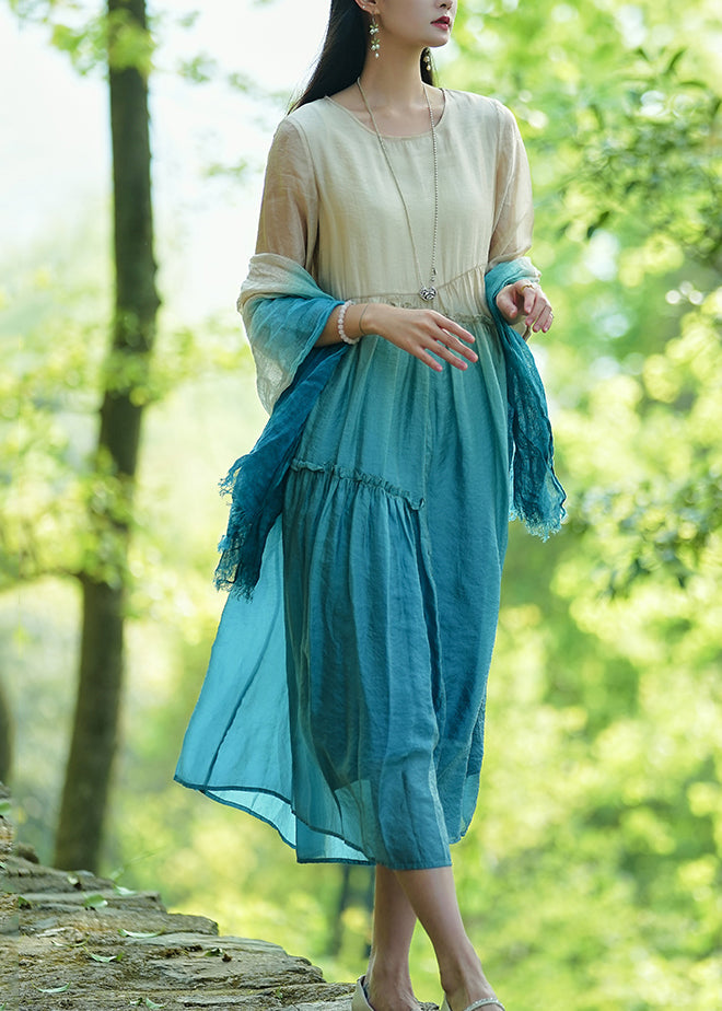 Gradient Color Green Ruffled Patchwork Long Dresses Summer Uu044