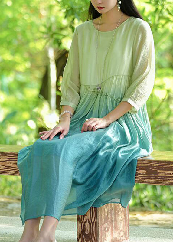 Gradient Color Green Ruffled Patchwork Long Dresses Summer Uu044