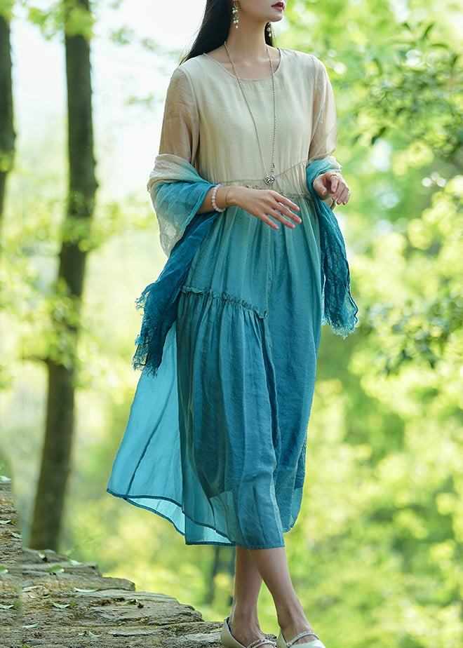 Gradient Color Green Ruffled Patchwork Long Dresses Summer Uu044