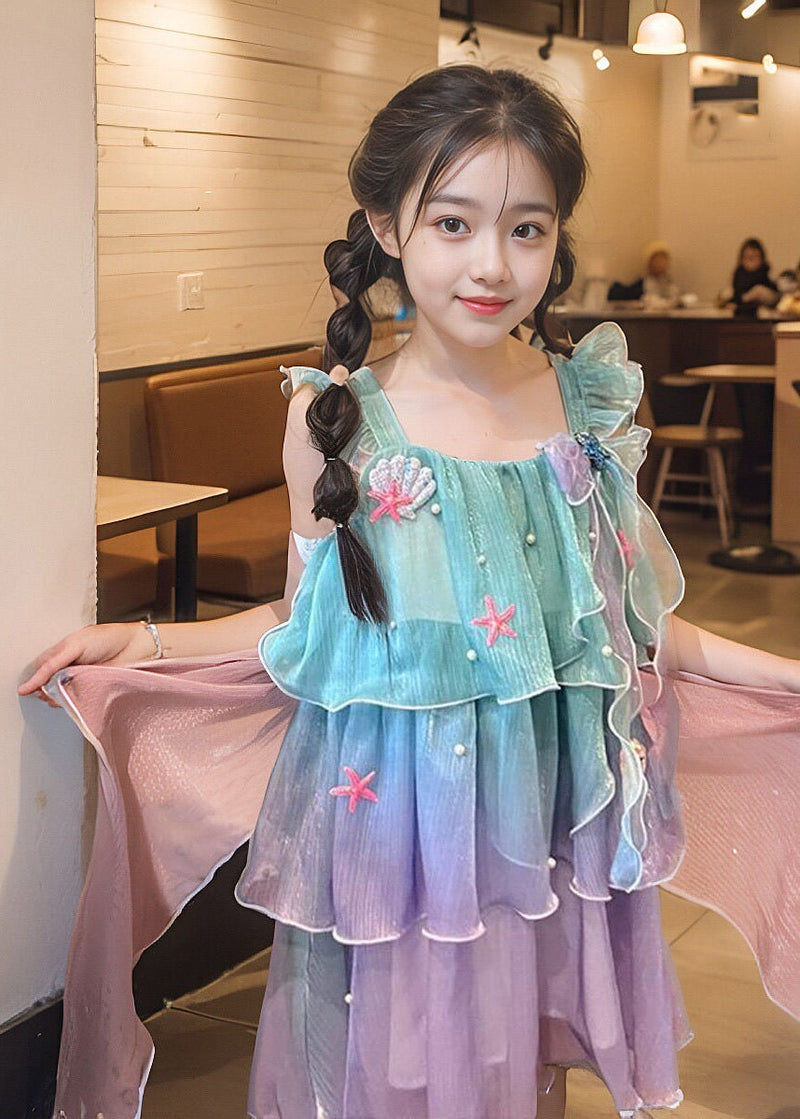 Gradient Color O-neck Kids Chiffon Maxi Dress Summer Ew024