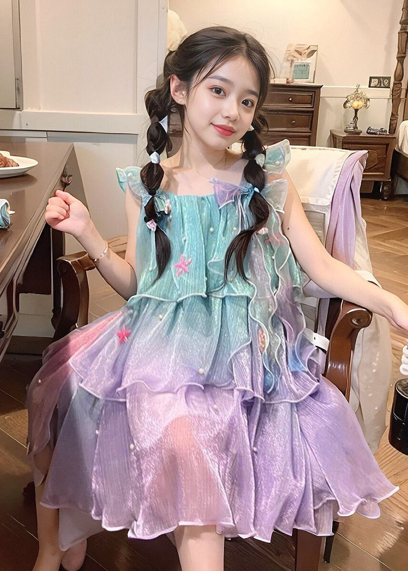 Gradient Color O-neck Kids Chiffon Maxi Dress Summer Ew024