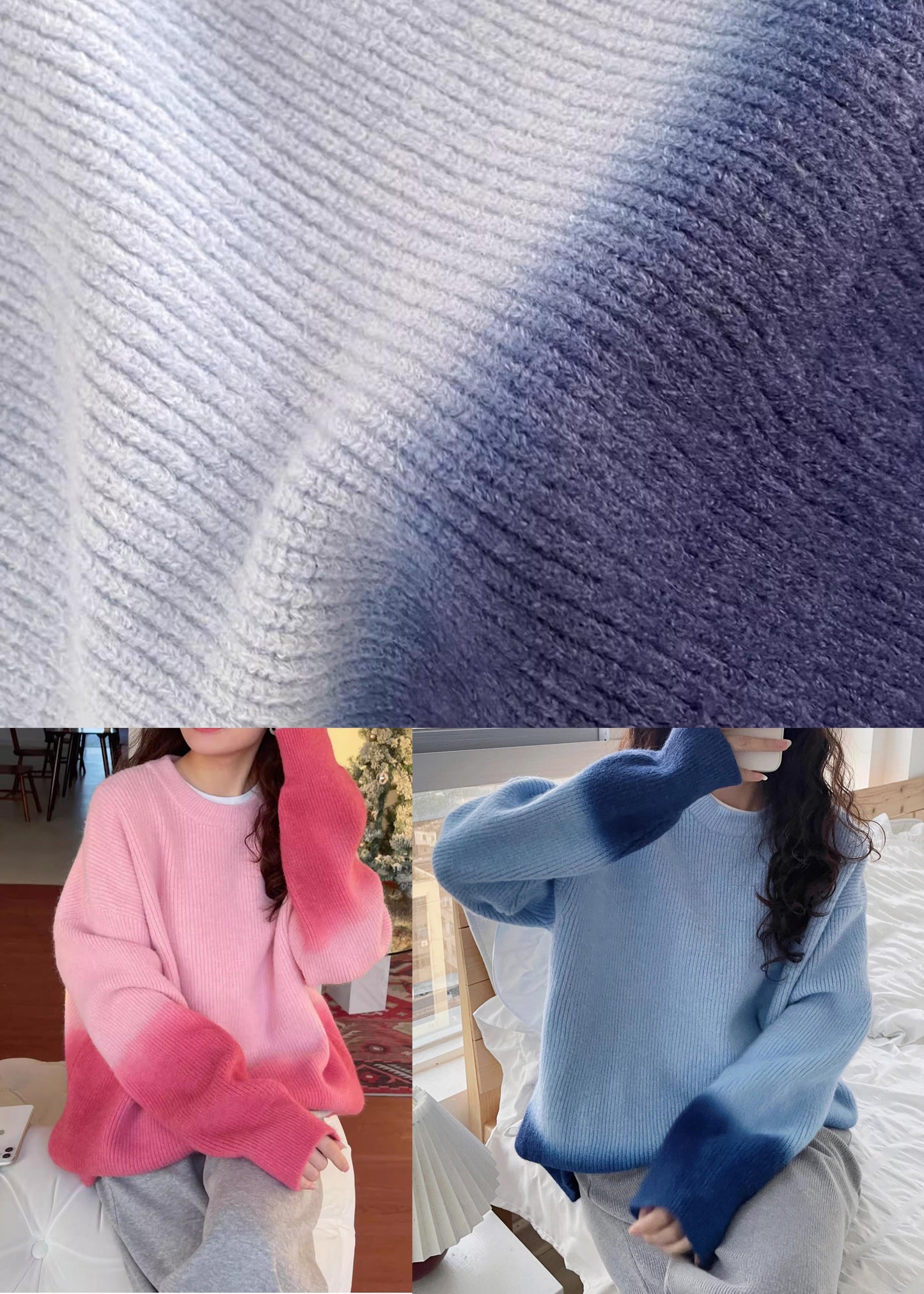 Gradient Color Pink Thick Cotton Knitted Sweater Winter Rk017