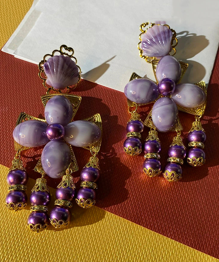 Gradient Color Purple Sterling Silver Overgild Shell Tassel Drop Earrings