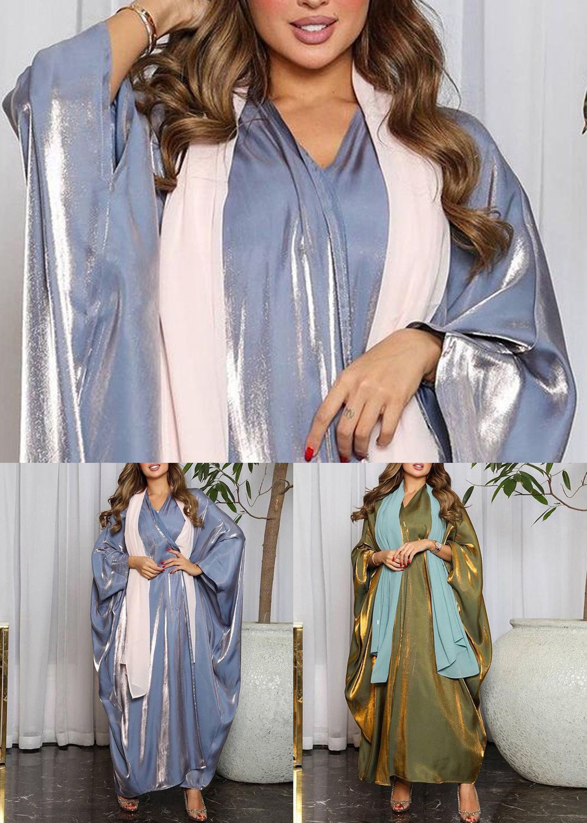 Loose Blue V Neck Bright Silk Cardigan Dress Spring Aa1048