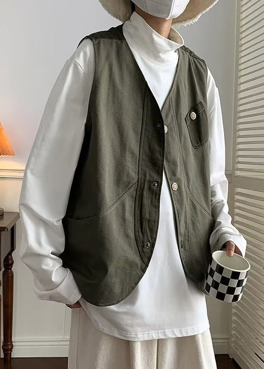 Green Button Patchwork Cotton Waistcoat V Neck Sleeveless Rn006