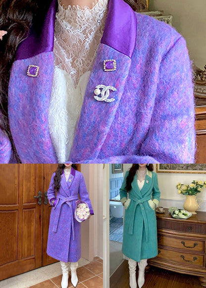 Loose Purple Notched Tie Waist Woolen Coats Winter Wm004