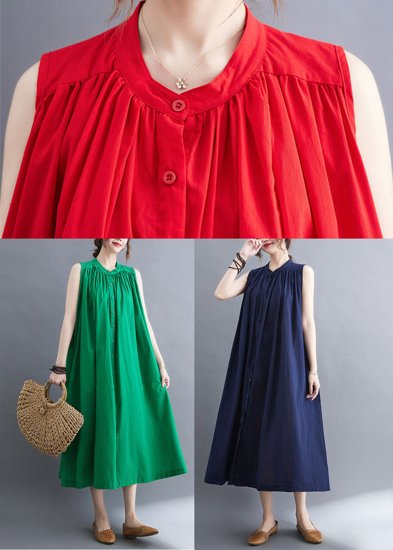 Original Design Navy O-neck Button Cotton Maxi Dress Sleeveless Ac2041