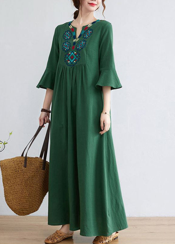 Green Cotton Long Dress Embroideried Exra Large Hem Flare Sleeve Ly0900