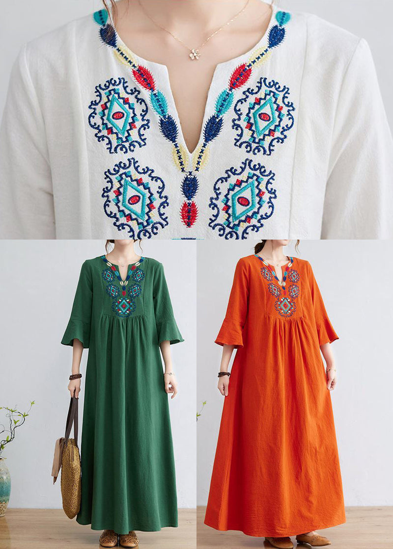 Orange Embroideried Wrinkled Cotton Maxi Dress Bracelet Sleeve Ly0913