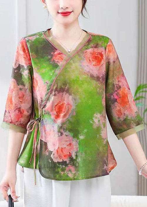 Green Lace Up Linen Blouses V Neck Summer Re051
