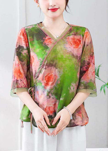 Green Lace Up Linen Blouses V Neck Summer Re051