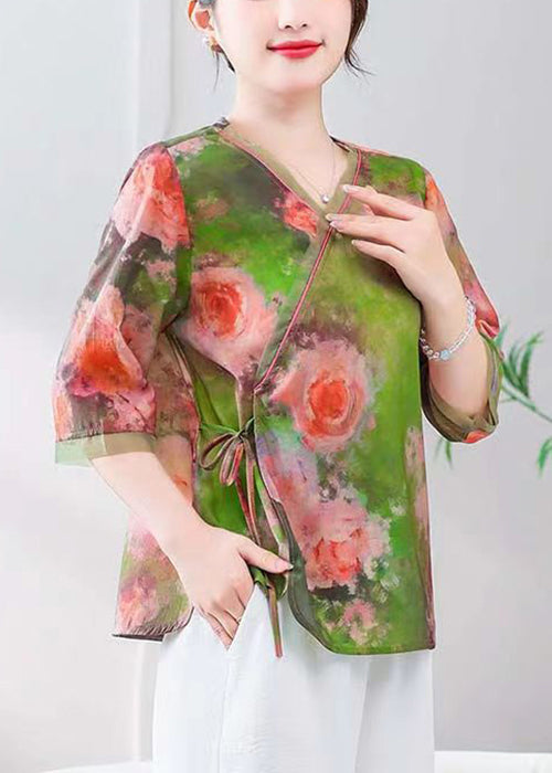 Green Lace Up Linen Blouses V Neck Summer Re051