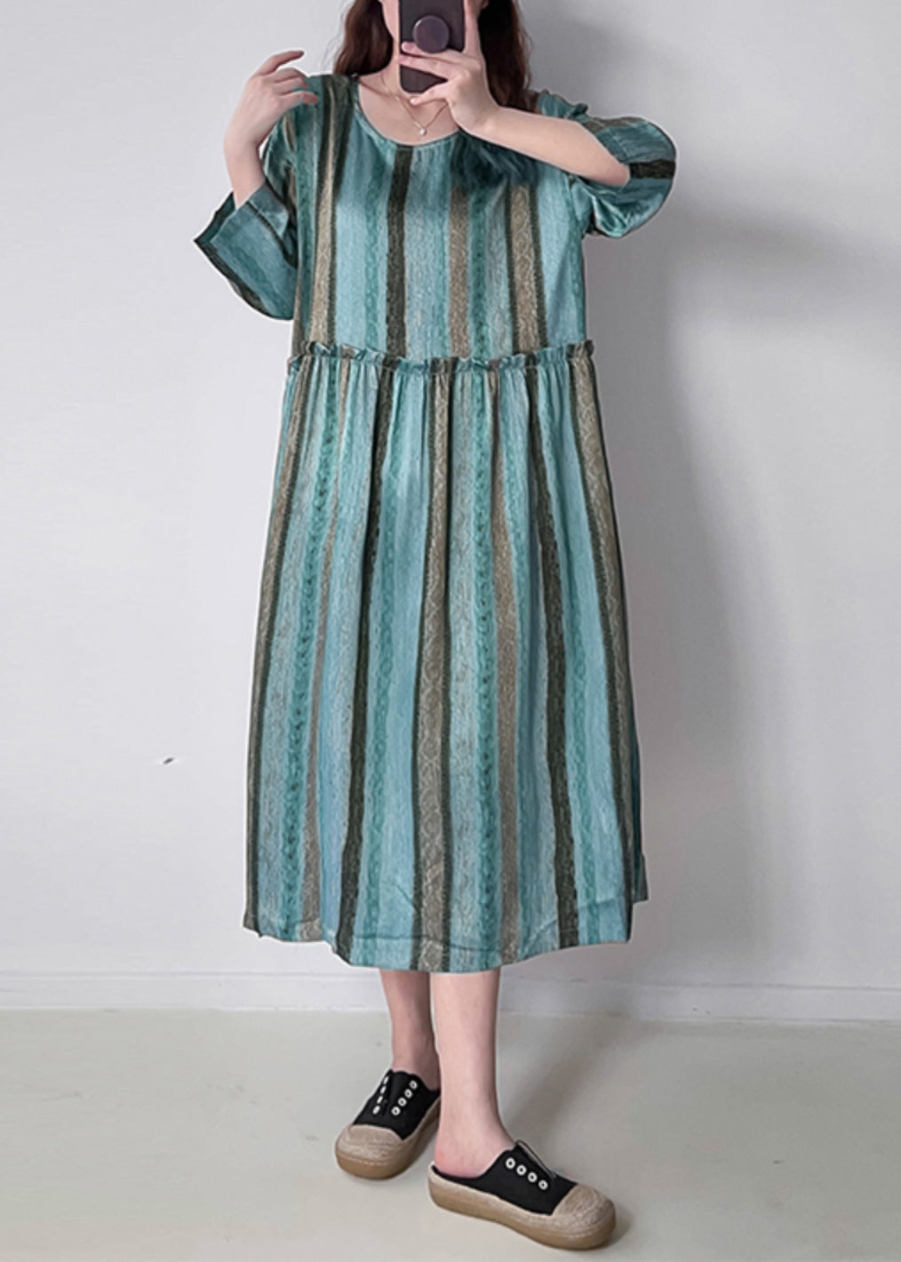 Green O-neck Ruffled Wrinkled Silk Cotto Maxi Dress Spring Vv040
