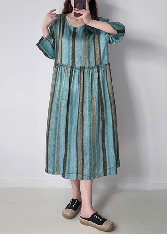 Green O-neck Ruffled Wrinkled Silk Cotto Maxi Dress Spring Vv040