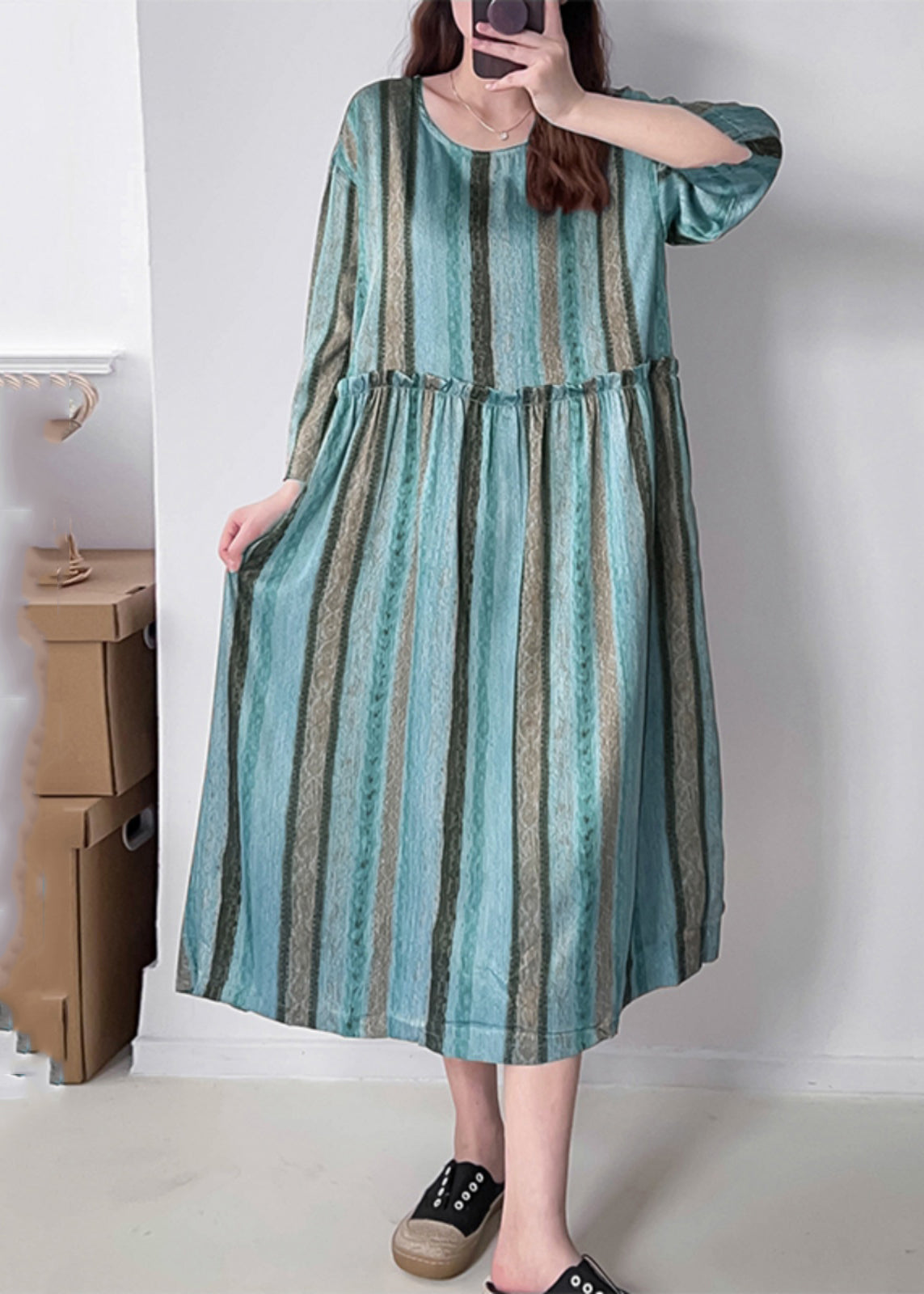 Green O-neck Ruffled Wrinkled Silk Cotto Maxi Dress Spring Vv040