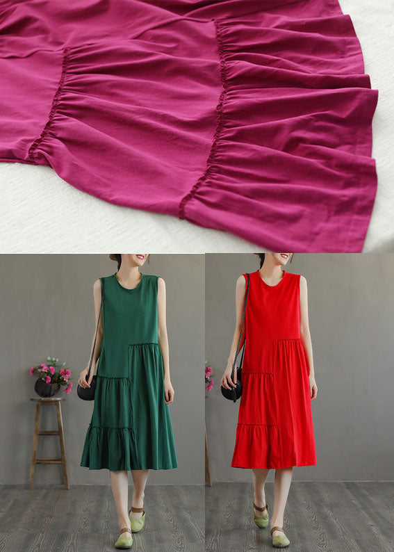 Unique Rose O-neck Wrinkled Cotton Maxi Dresses Sleeveless Tg1026