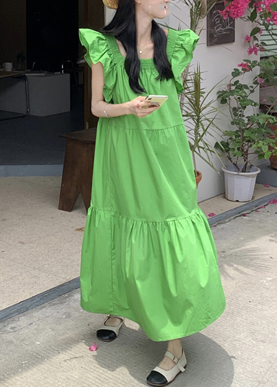 Green Patchwork Wrinkled Long Dresses Short Sleeve Lc0036