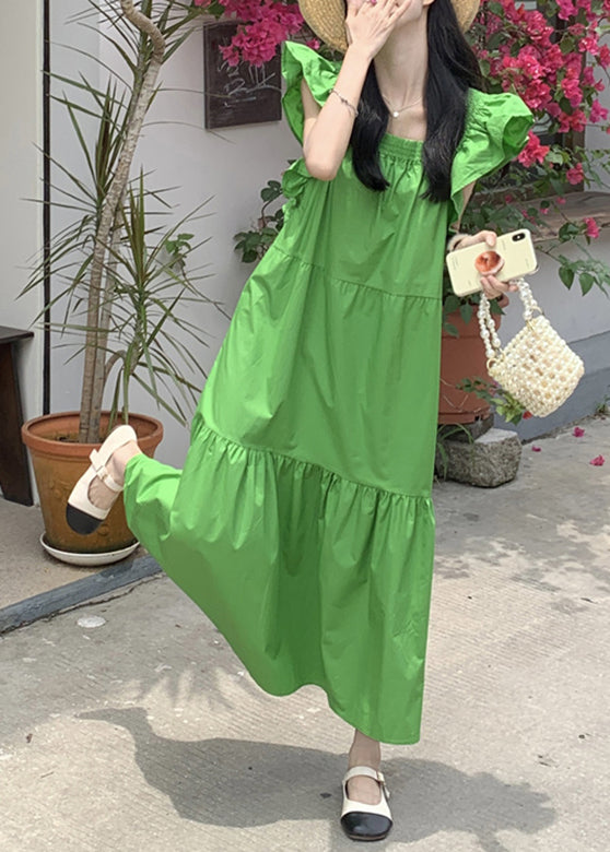 Green Patchwork Wrinkled Long Dresses Short Sleeve Lc0036