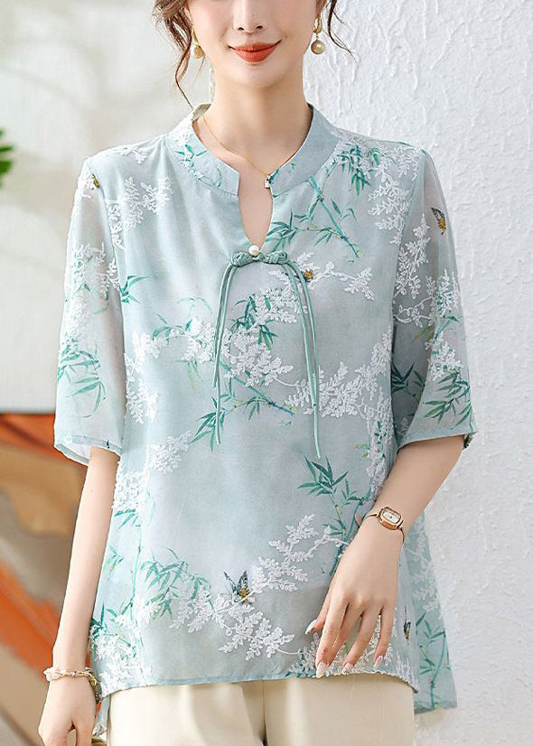 Green Print Chiffon Blouses Stand Collar Half Sleeve Au1067