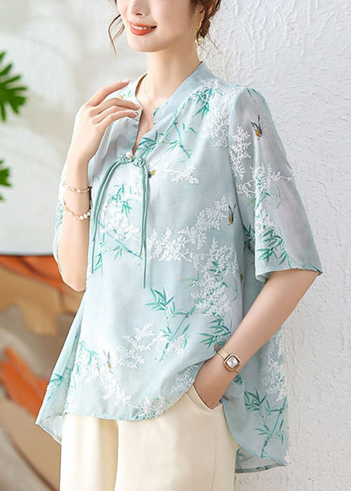 Green Print Chiffon Blouses Stand Collar Half Sleeve Au1067