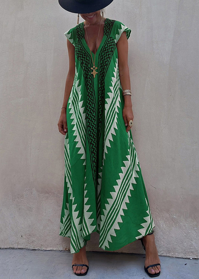 Green Print Chiffon Long Dress Asymmetrical Summer Tl021
