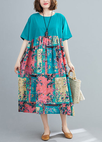 Green Print Cotton Maxi Dresses O-neck Oversized Summer Ly1490