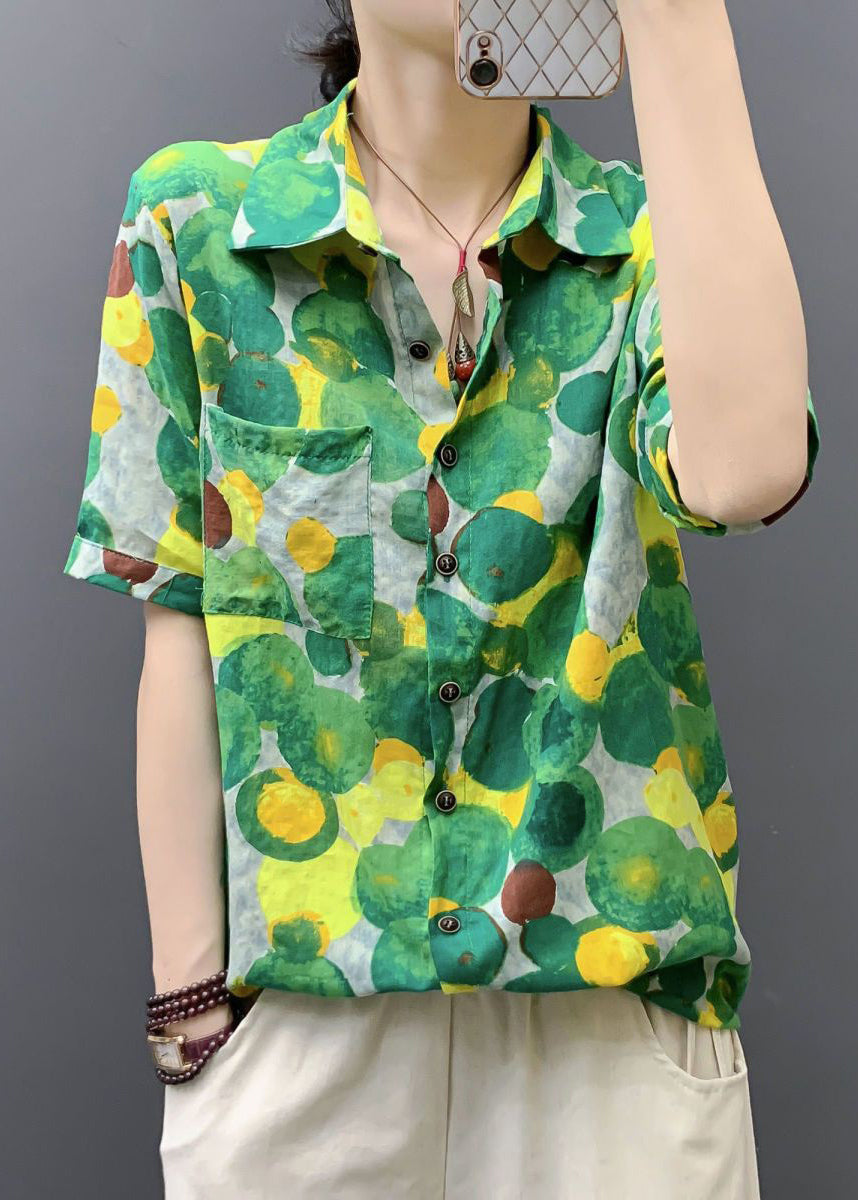 Green Print Pockets Cotton Blouse Peter Pan Collar Short Sleeve Au1040
