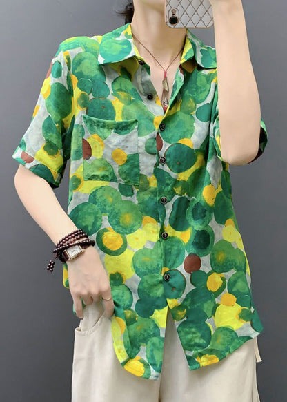 Green Print Pockets Cotton Blouse Peter Pan Collar Short Sleeve Au1040