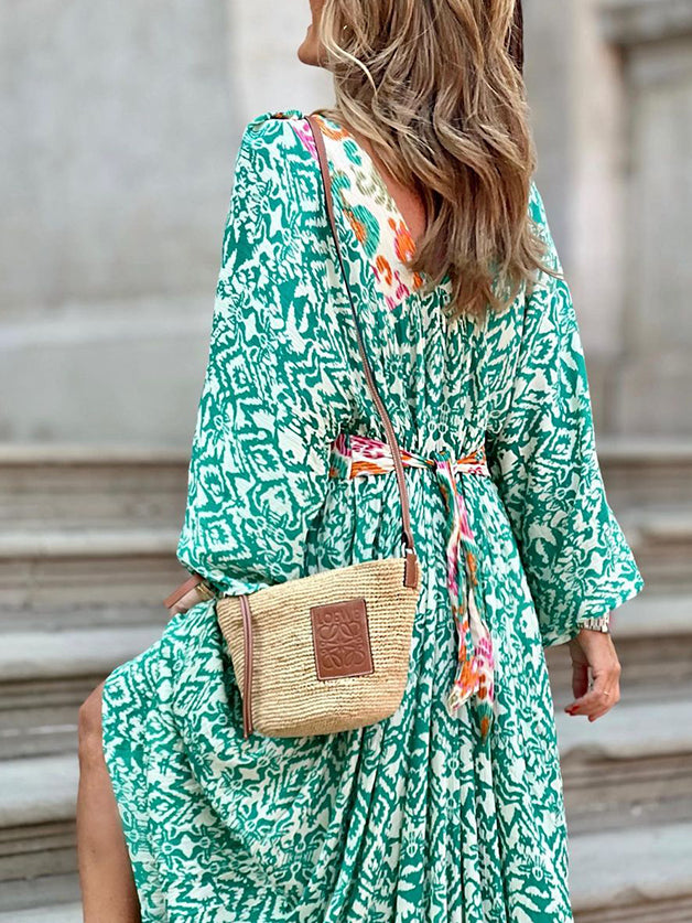 Green Printed Long Sleeves V Neck Maxi Dress
