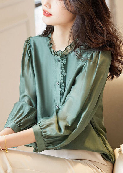 Green Button Chiffon Blouses Ruffled Spring Ab1002