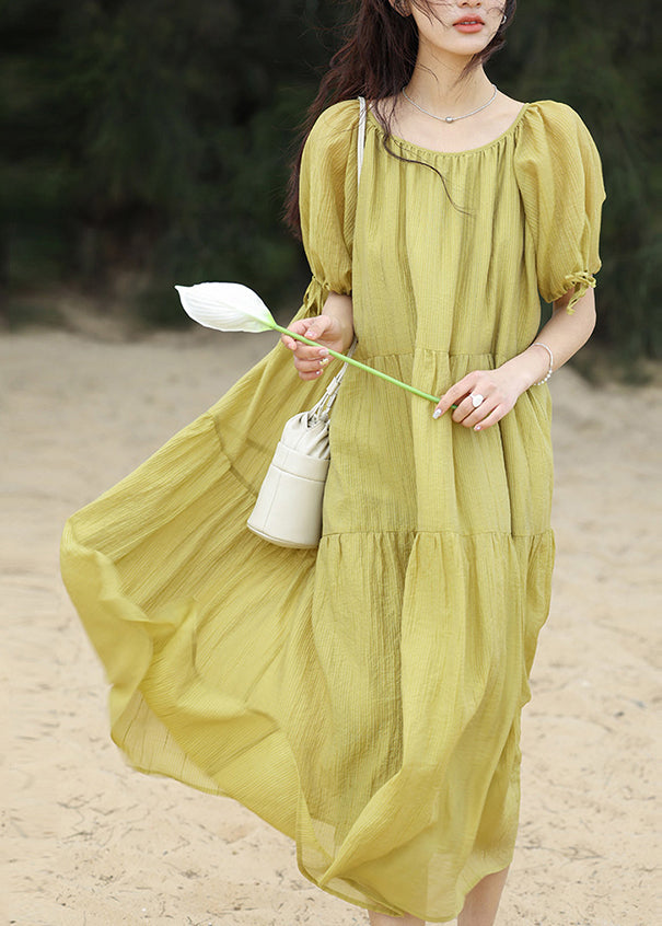 Green Wrinkled Maxi Dress Short Sleeve Ww025