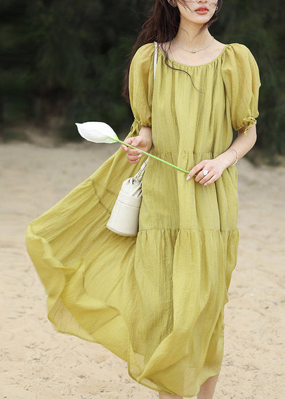 Green Wrinkled Maxi Dress Short Sleeve Ww025