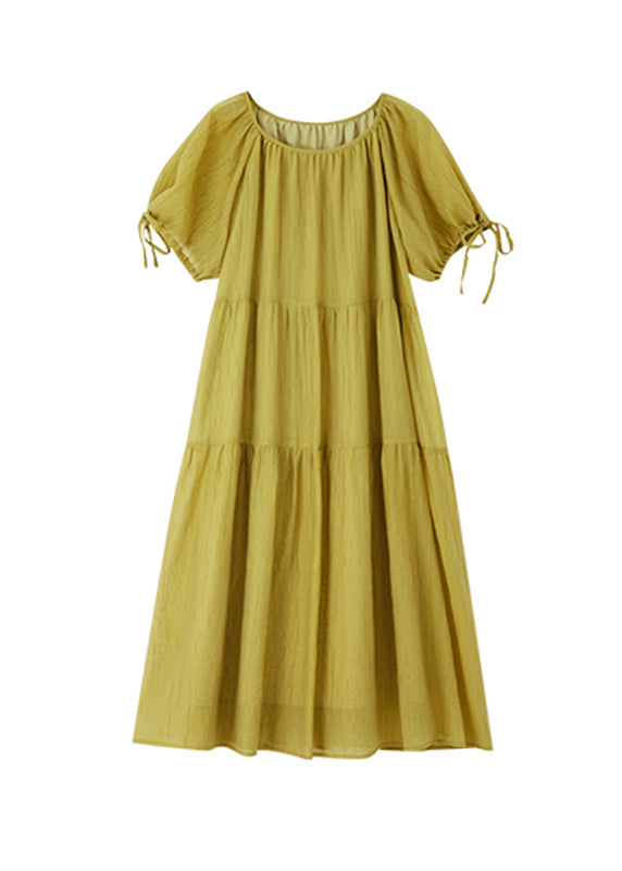 Green Wrinkled Maxi Dress Short Sleeve Ww025
