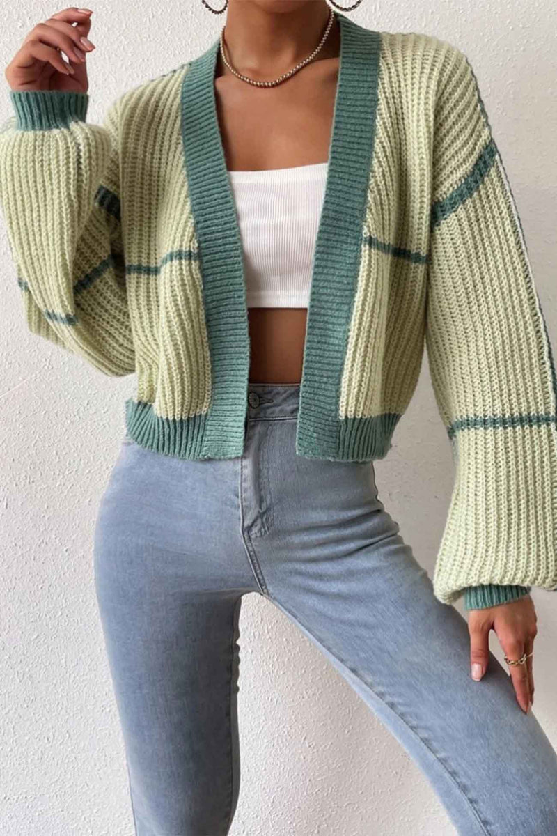 Long Sleeve Open-front Patchwork Knit Cardigan