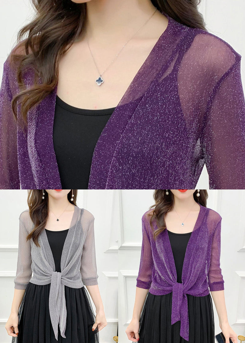 Grey Lace Up Tulle Cardigan V Neck Half Sleeve As1058