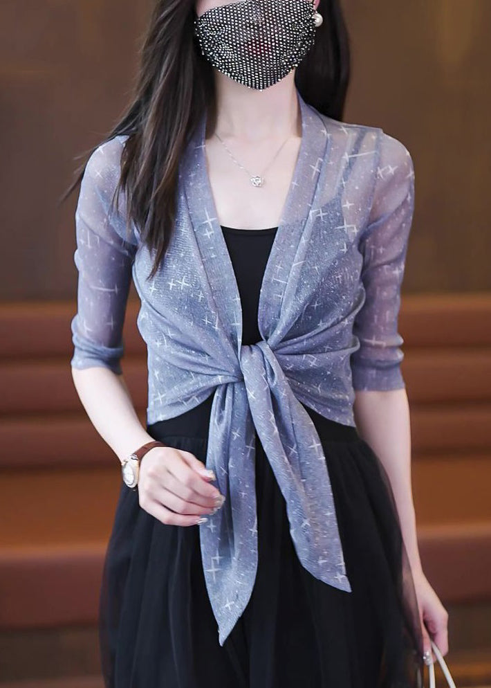 Grey Lace Up Tulle Thin Cardigan V Neck Half Sleeve As1060