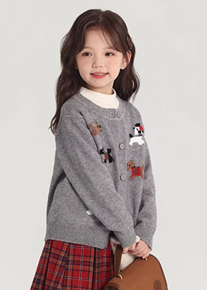 Grey O-neck Button Cotton Knit Cardigan Spring Tp046