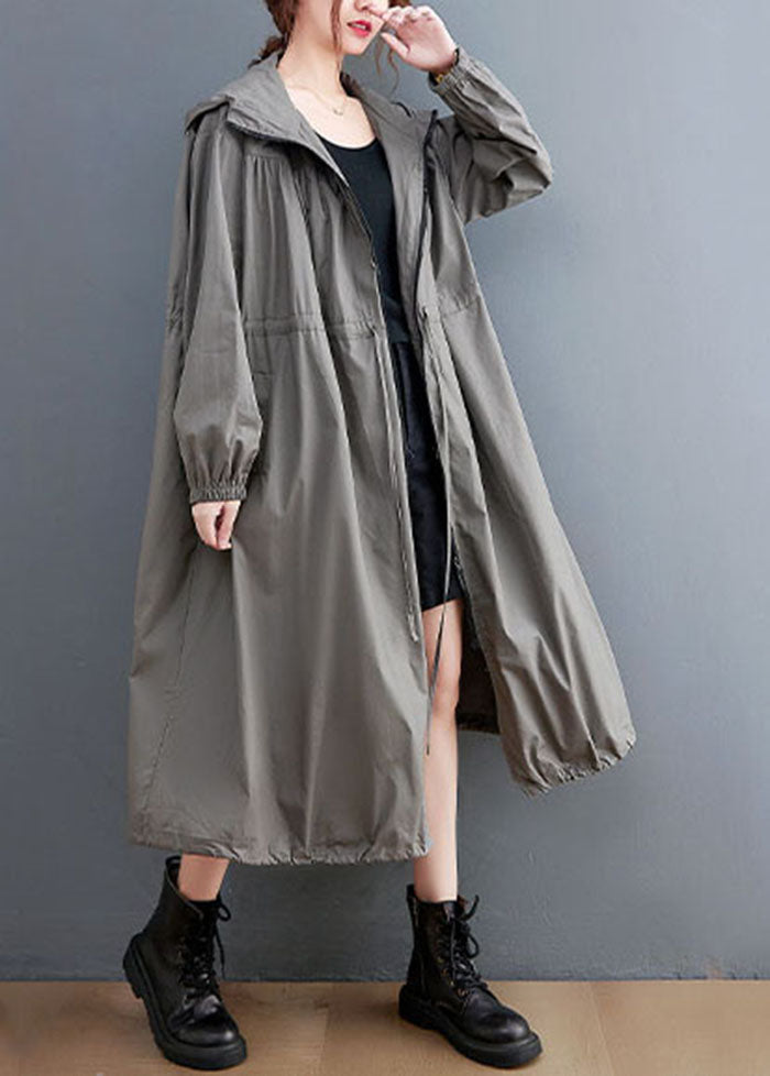 Grey Oversized Cotton Trench Coat Hooded Drawstring Spring Ac2081