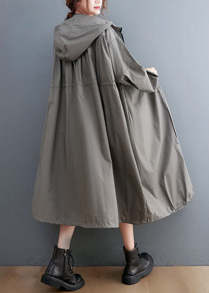 Grey Oversized Cotton Trench Coat Hooded Drawstring Spring Ac2081